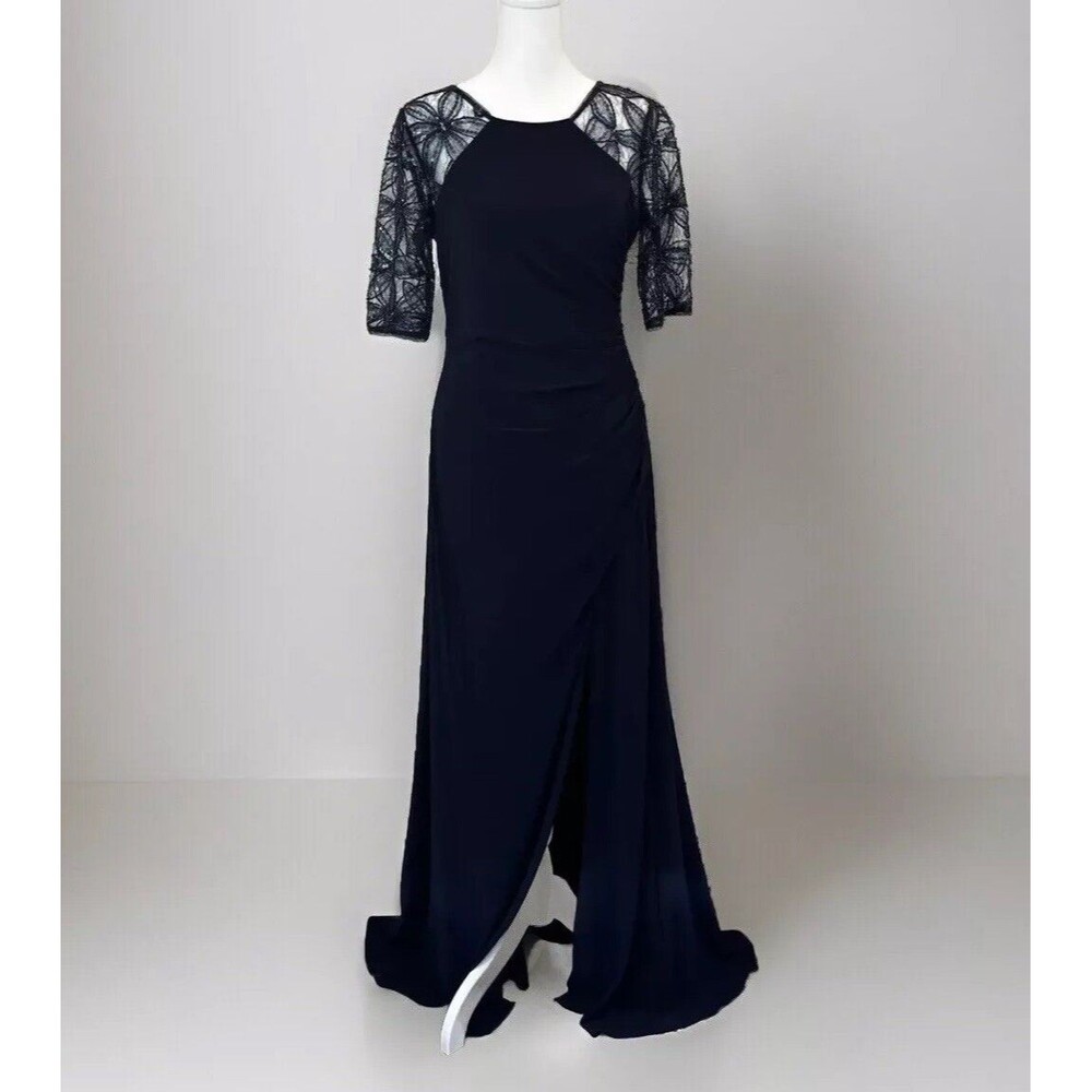 NWT Adrianna Papell Sz 6 Beaded Illusion Gown Navy Sheer Stretch Evening